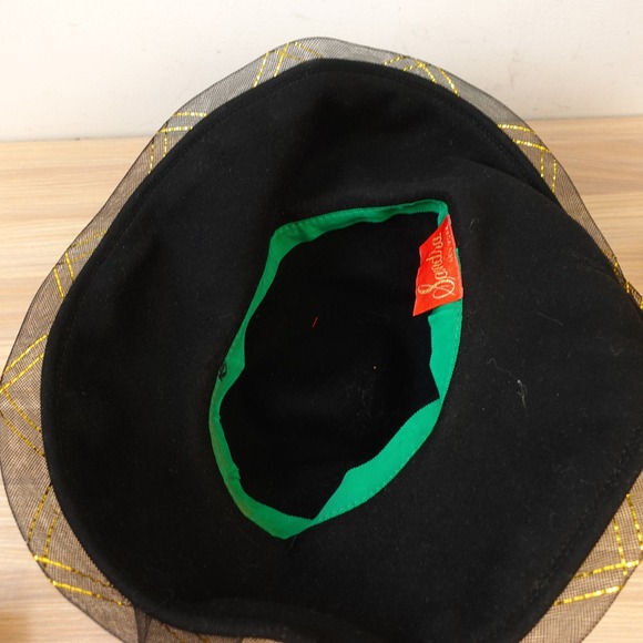 Vintage Sandra New York Hat Black Felt Gold Mesh Bow Kentucky Derby Church Glam main image 6